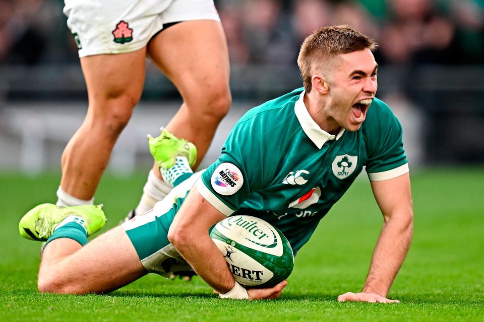 Jack Crowley celebrates after scoring Ireland's first try during the Nations Series match against Japan at the Aviva Stadium. Photo: Seb Daly/Sportsfile