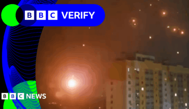 BBC Verify Live: Video shows flaming debris shower down on Russia's Oryol during aerial attack