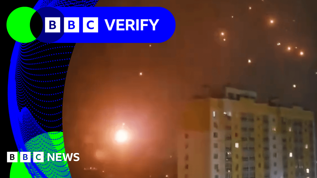 BBC Verify Live: Video shows flaming debris shower down on Russia's Oryol during aerial attack