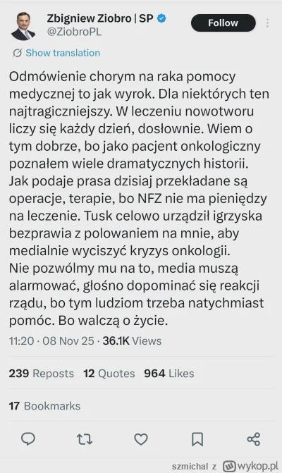 Dziś zamiast prześmiewczego walecznego Ziobry wylosował się Ziobro onkologiczny