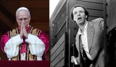 Side-by-side images of Pope Leo XIV and a still from the movie "Life is Beautiful"
