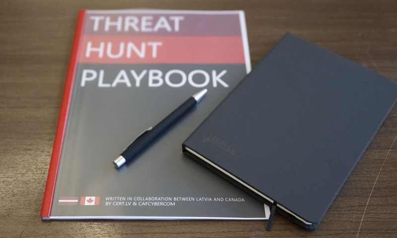 Gros plan sur le document « Threat Hunt Playbook » avec un stylo et un carnet du « CERT.LV » posés sur une table.