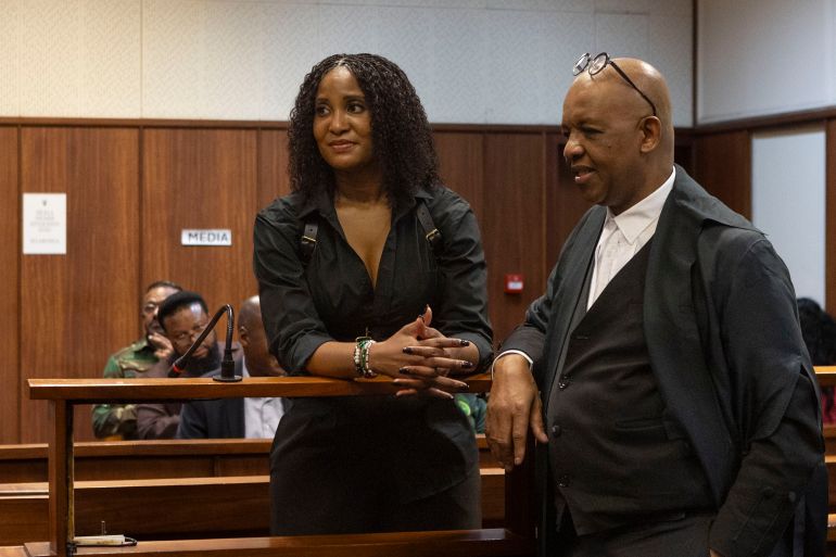 epa12517822 Duduzile Zuma-Sambudla (L), the daughter of former South African President Jacob Zuma, appears in court on charges of terrorism in Durban, South Africa, 11 November 2025. She pleaded not guilty to terrorism-related charges at the start of her trial. Zuma-Sambudla is being charged over comments she made on social media four years ago during deadly protests following the arrest of her father. EPA/STRINGER