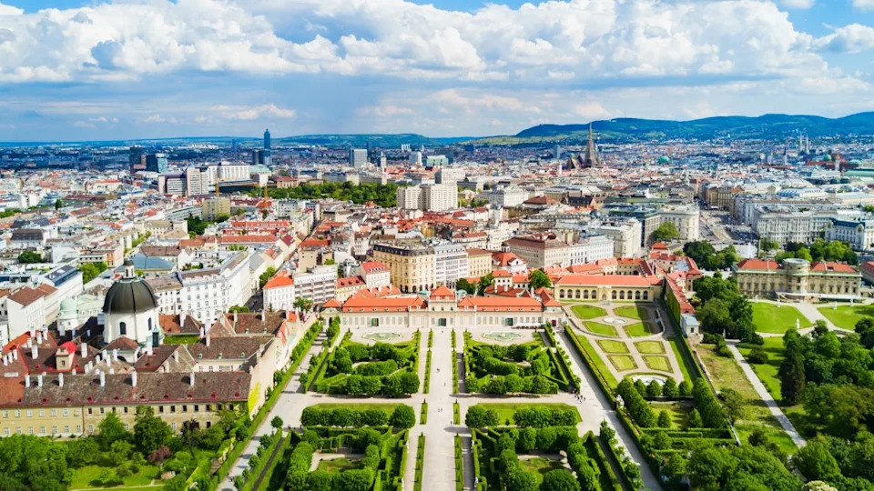 Belvedere Palace aerial panoramic view. Belvedere Palace is a historic building complex in Vienna, Austria. Belvedere was built as a summer residence for Prince Eugene of Savoy.