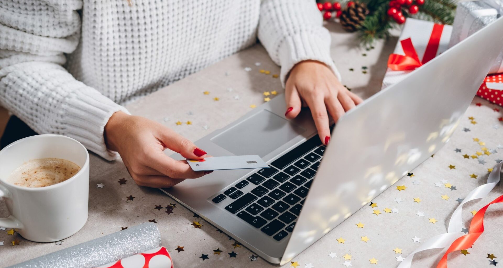 Christmas online shopping top view.