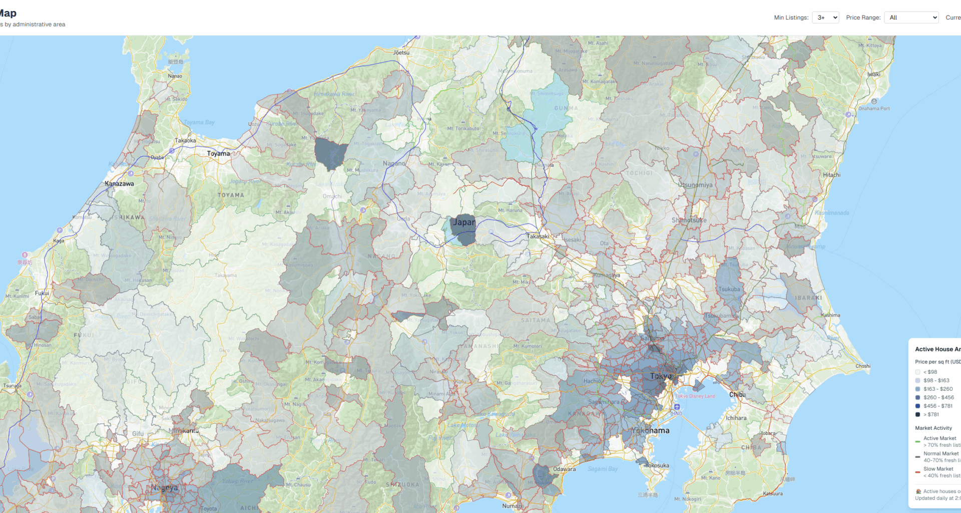 [OC] Average Used Home Price Per Square Foot in Japan
