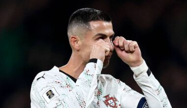 Cristiano Ronaldo speaks to Ireland manager Heimir Hallgrímsson after being sent off