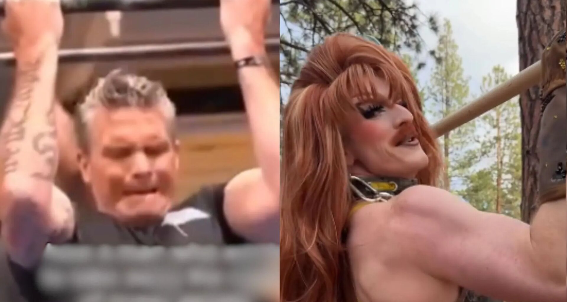 A split image of Pete Hegseth struggling to do a pull-up, next to Pattie Gonia casually doing a pull-up.