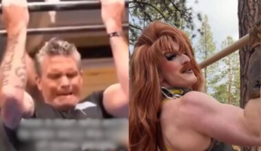 A split image of Pete Hegseth struggling to do a pull-up, next to Pattie Gonia casually doing a pull-up.