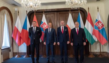 The prime ministers of Slovakia, Poland, Czechia and Hungary stand somewhat uncomfortably next to one another at their Prague summit in February 2024; they have not met in 2025.