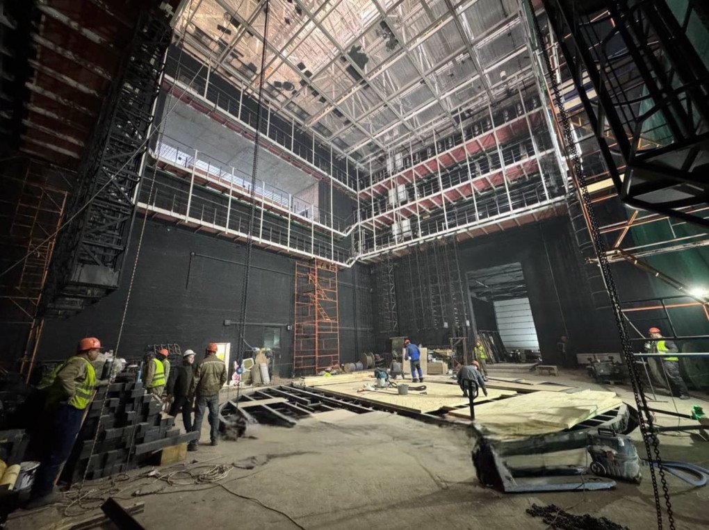 Interior view of the stage area under reconstruction inside the Mariupol Drama Theatre. (Source: Telegram / Mariupol City Council)