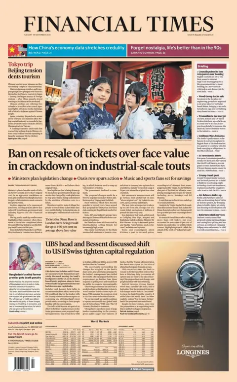 The headline on the front page of the Financial Times reads: “Ban on resale of tickets over face value in crackdown on industrial-scale touts”.