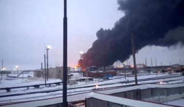 Smoke billows after Ukraine's SBU drone strikes a refinery, amid Russia's attack on Ukraine, in Ryazan, Ryazan Region, Russia, in this screen grab from a video obtained by Reuters, March 13, 2024. Video Obtained By Reuters/via REUTERS