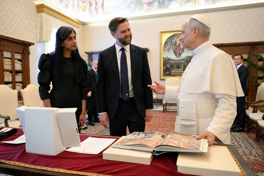 Pope Leo XIV meets with Vice President JD Vance and second lady Usha Vance at the Vatican, May 19.