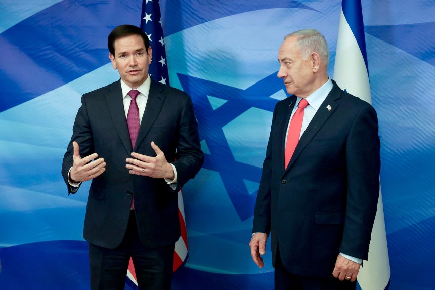 US Secretary of State Marco Rubio, left, speaks next to Israeli Prime Minister Benjamin Netanyahu at the Prime Minister's Office in Jerusalem, on October 23.