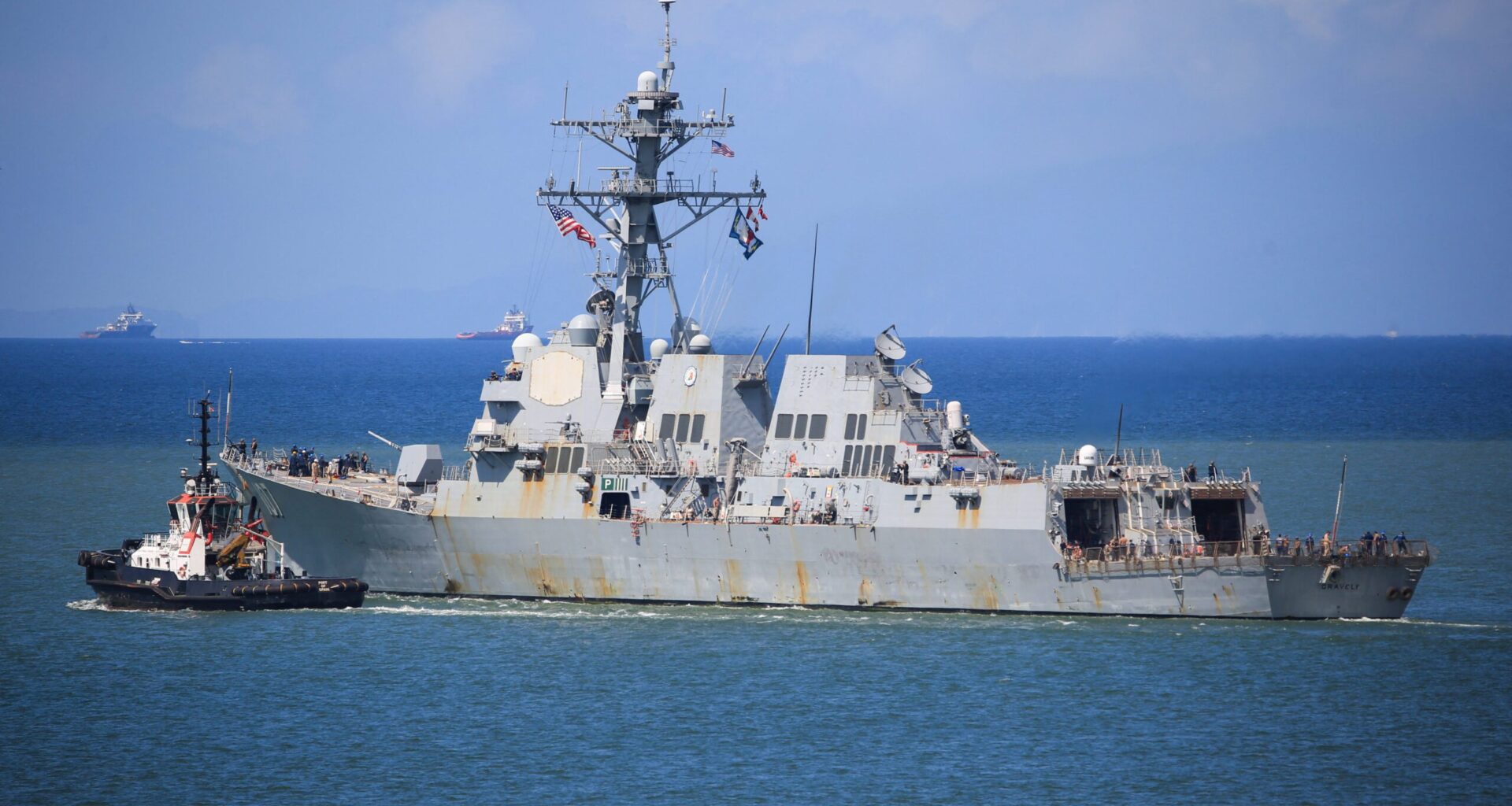 U.S. Navy destroyer USS Gravely sails off the coast of Trinidad and Tobago