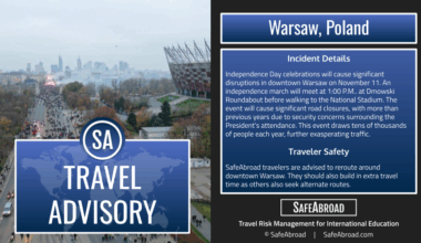 Expect significant travel disruptions in Warsaw, Poland on November 11 due to Independence Day celebrations.