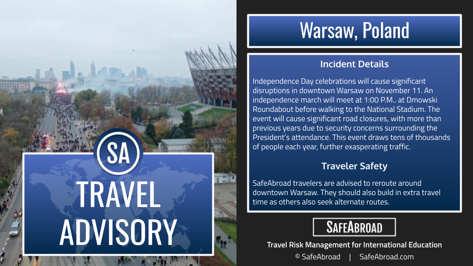 Expect significant travel disruptions in Warsaw, Poland on November 11 due to Independence Day celebrations.