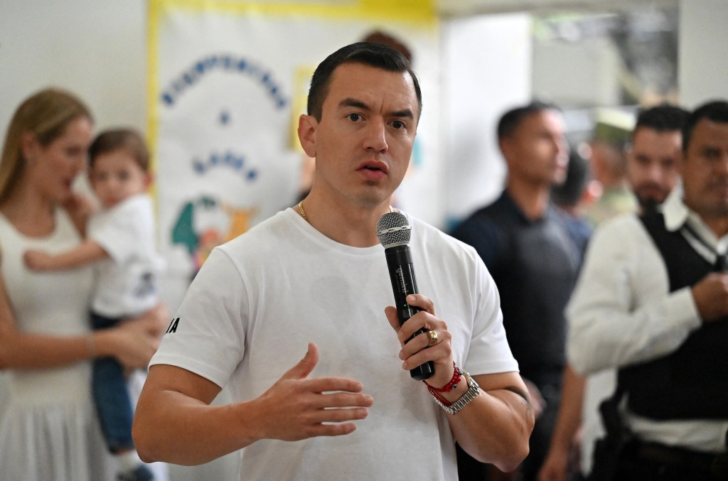 Ecuador's President Daniel Noboa speaking after casting his vote in the referendum.