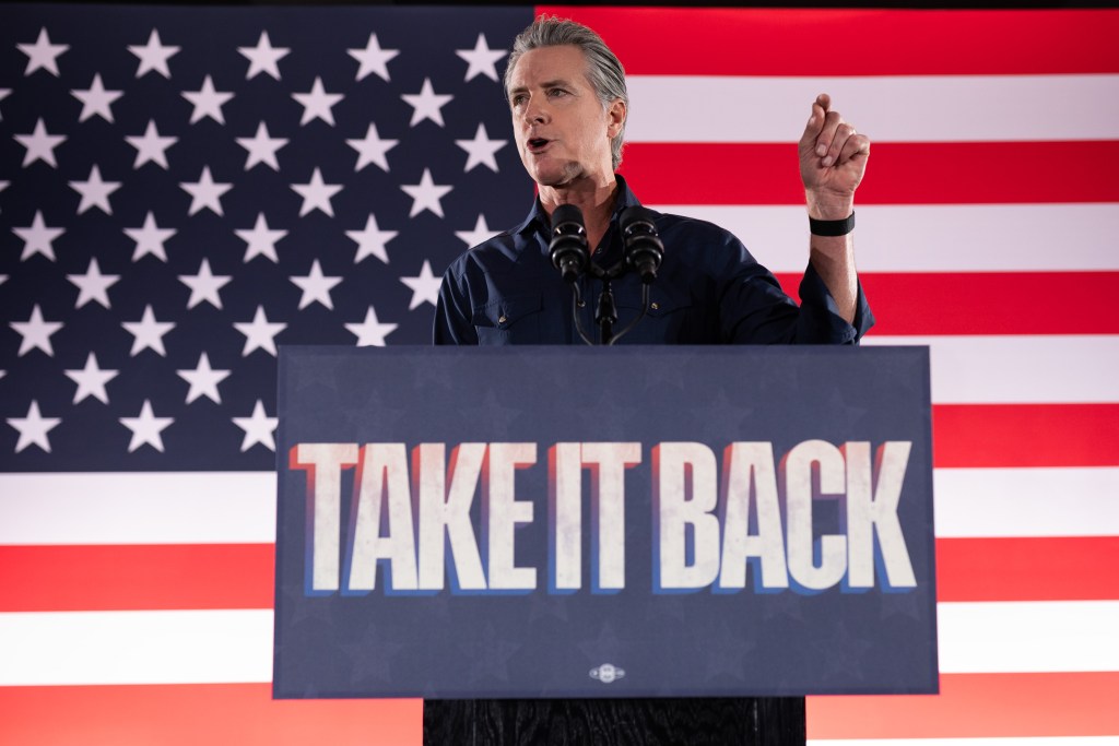 California Governor Gavin Newsom speaks during a “Take It Back” rally at the International Brotherhood of Electrical Workers, Local Union 716, Saturday, Nov. 8, 2025, in Houston.