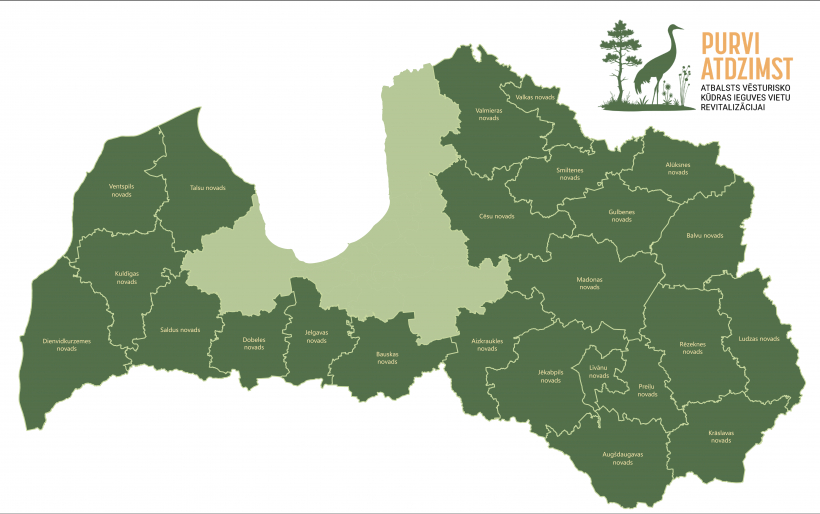 Projekta “Atbalsts vēsturisko kūdras ieguves vietu revitalizācijai” ieviešanas teritorija. Avots: Vidzemes plānošanas reģions.