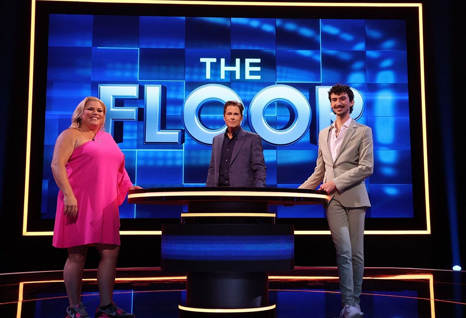 Rob Lowe, host of "The Floor" game show, is seen in a publicity shot with Brookings resident and Medary Elementary School teacher Kristi Raab.