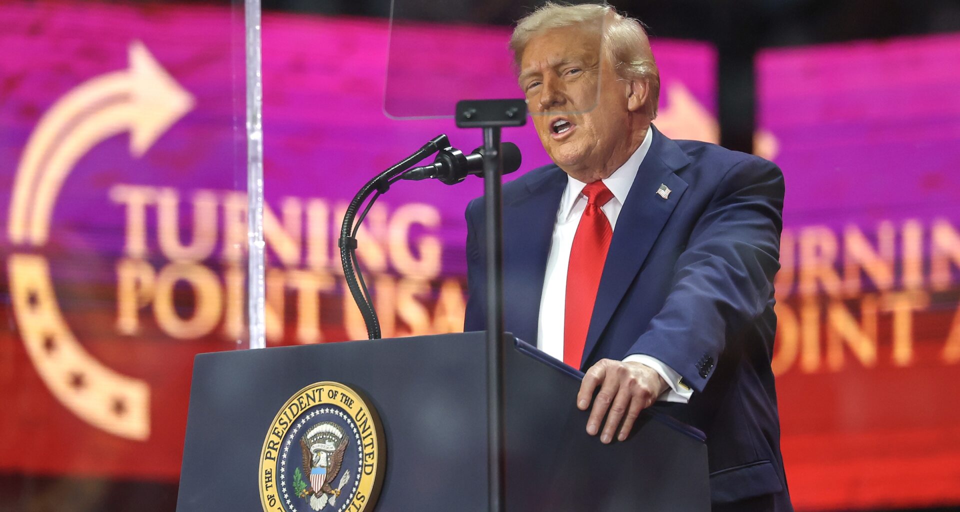 U.S. President Donald Trump speaks during the memorial service for political activist Charlie Kirk at State Farm Stadium on September 21, 2025 in Glendale, Arizona.