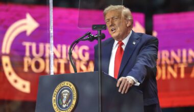 U.S. President Donald Trump speaks during the memorial service for political activist Charlie Kirk at State Farm Stadium on September 21, 2025 in Glendale, Arizona.
