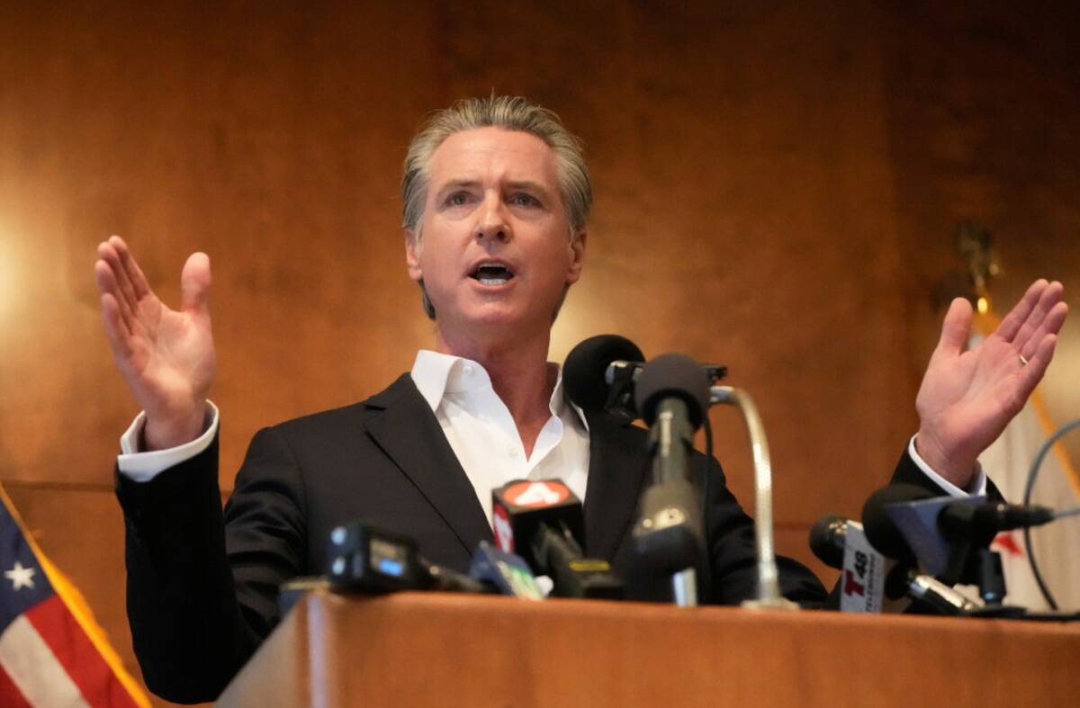 Gov. Gavin Newsom speaks during a campaign event on Proposition 50 in San Francisco, Monday, No ...