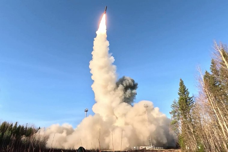 A Yars intercontinental ballistic missile launches at Plesetsk testing field in northern Russia in footage released on Oct. 22, 2025.    