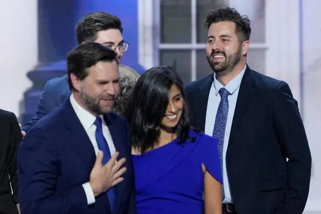 Cory Bowman, right, is seen with Vice President JD Vance and his wife, Usha Vance. The Ohio Republican lost his bid to become the next Cincinnati mayor after being defeated by the incumbent, Aftab Pureval