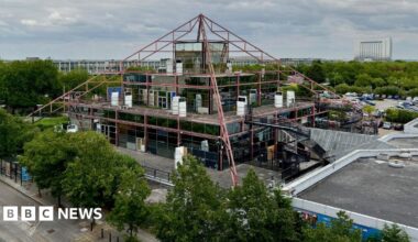 A view from a high vantage point of The Point building in Milton Keynes as it looks today