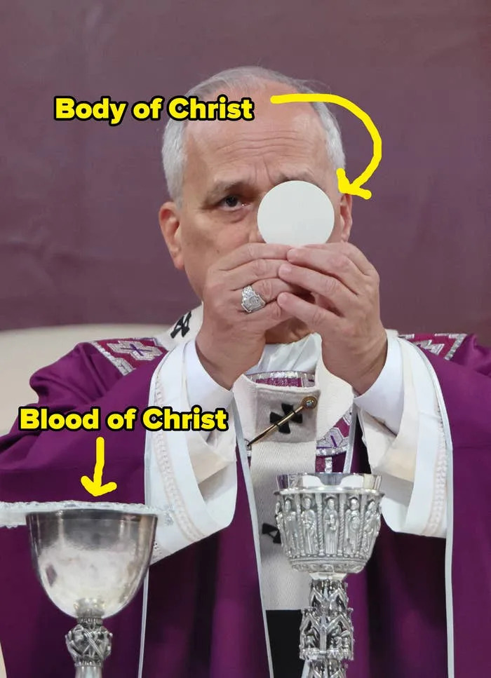 A clergy member in ceremonial attire holds up a communion wafer, with a chalice in front of them during a religious service