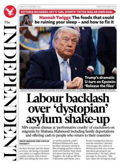The headline on the front page of the Independent reads: “Labour backlash over 'dystopian' asylum shake-up". 