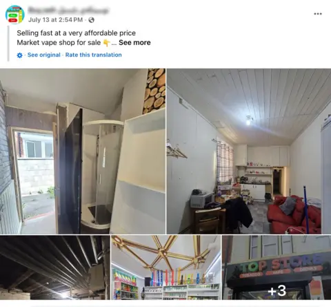 A screenshot of a Facebook post with the words 'Selling fast at a very affordable price [...] Market vape shop for sale". It includes a composite of five images of the inside of the shop.  