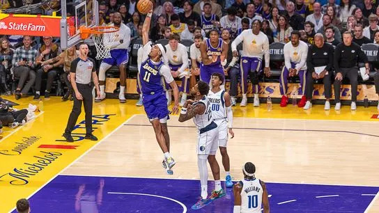 Los Angeles Lakers Center Jaxson Hayes (11) during an NBA basketball game against the Dallas Mavericks, Friday November 28th, 2025 in Los Angeles, California.