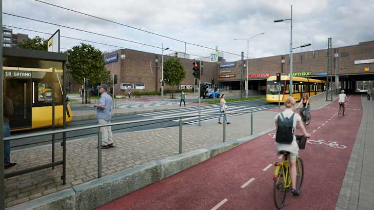 Havainnekuva Turun raitiotiestä Varissuolla.