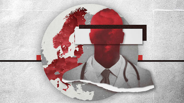 Photo shows a graphic of a doctor with the world in the background.