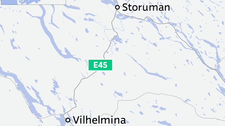 En karta där orterna Vilhelmina och Storuman samt väg 45 pekats ut.