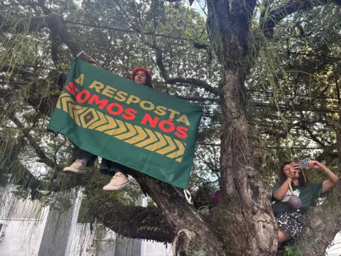 A protester in a tree with a sign reading "the answer is us"
