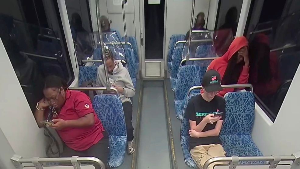 This screengrab made from video provided by the Charlotte Area Transit System shows Iryna Zarutska, bottom right, before she was fatally stabbed on a commuter train on Aug. 22, 2025. (Charlotte Area Transit System via AP)