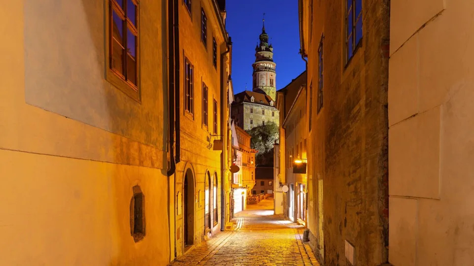 Cesky Krumlov tower view at dawn, Czech Republic
