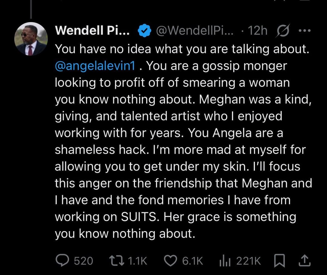 Wendell Pierce, who played Meghan’s dad on Suits, calls Angela Levin a ‘shameless hack’ on X after Levin claims that Meghan’s former costars found her ‘difficult’; says Meghan is ‘kind and giving’