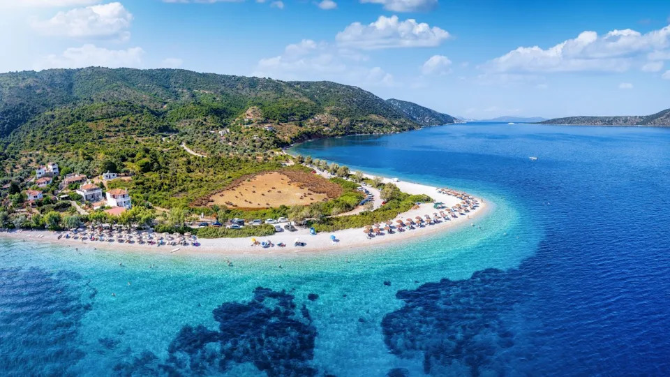 Aerial view of the popular beach at Agios Dimitrios, Alonissos island, Sporades, Greece