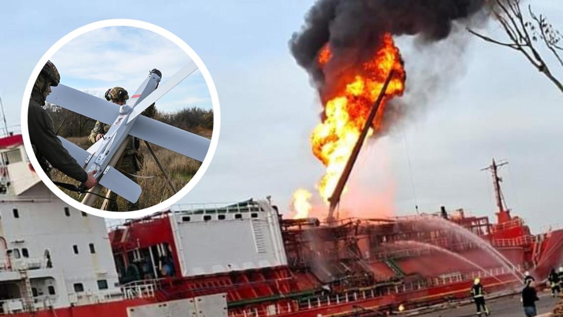 Ein türkisches Schiff im ukrainischen Hafen Ismail wurde von russischen Drohnen (Kreis, Symbolbild) getroffen.