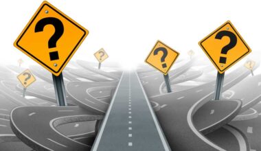 297953669 Solution and strategy path questions and clear planning for ideas in business leadership with a straight path to success with yellow traffic signs cutting through a maze of highways.