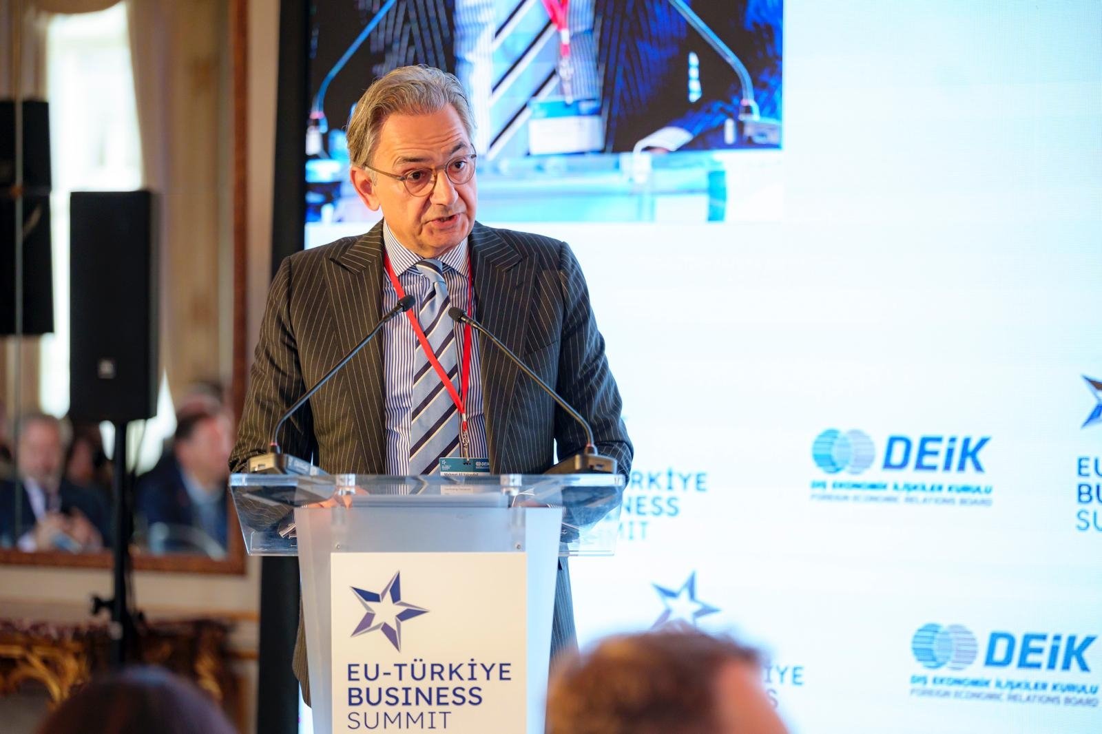 Mehmet Ali Yalçındağ, the coordinating chair of DEIK Türkiye-Europe Business Councils, delivers a speech during the EU-Türkiye Business Summit, Brussels, Belgium, Nov. 17, 2025. (Courtesy of DEIK)