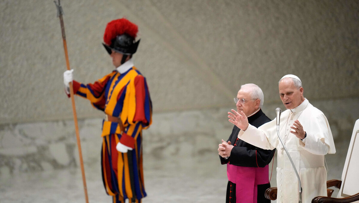 Pope Leo XIV meets with the participants in the Jubilee of consecrated Life in the Paul VI Hall.  Picture: Gregorio Borgia/AP