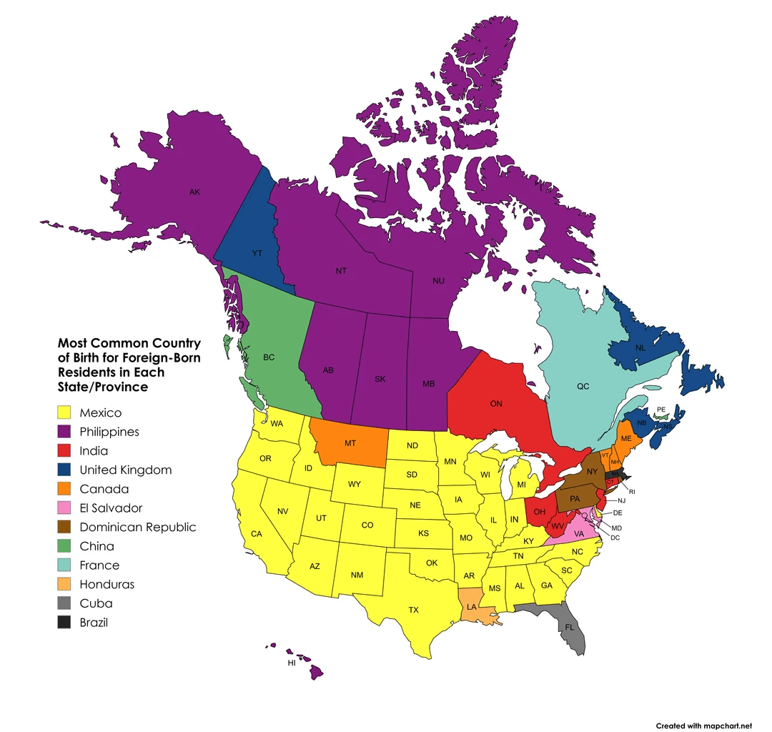 Most Common Country of Origin for Foreign-Born Nationals in the USA and Canada [OC]