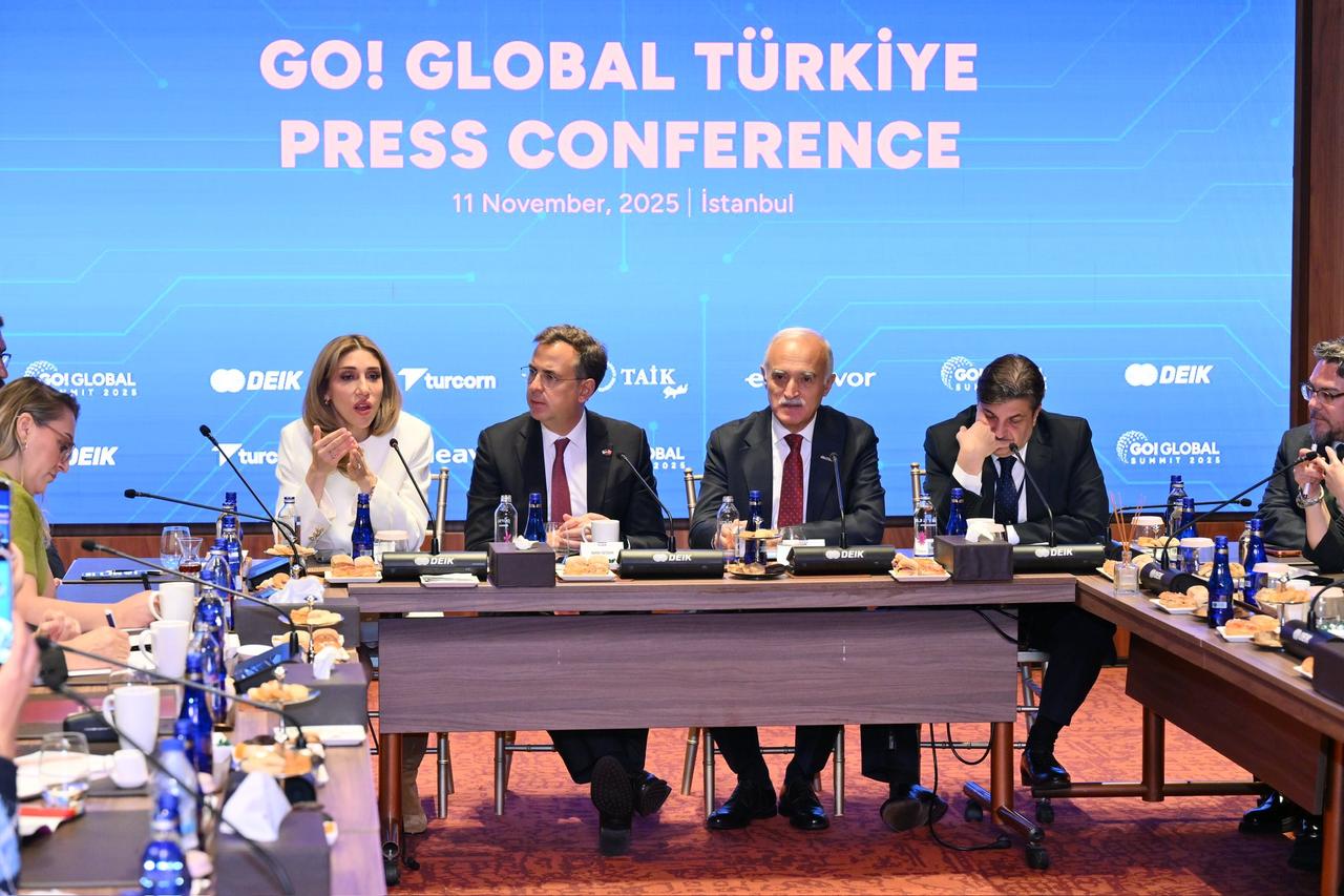 Officials and business leaders speak during the GO! GLOBAL Türkiye Summit press conference in Istanbul, Türkiye, Nov. 11, 2025. (Photo via X/@NailOlpak)